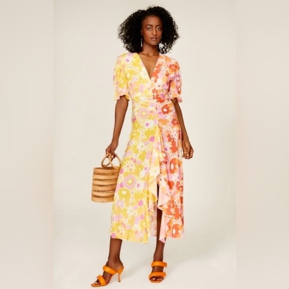 RIXO Ariel Floral Midi Dress Pink Orange Yellow Size S Mod Retro Flower Power - Picture 11 of 12